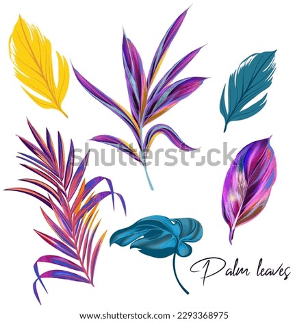 Beautiful tropical vector purple pink collection of palm leaves