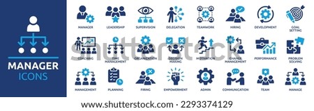 Manager icon set. Containing leadership, supervision, hiring, coaching, management, development, organization, teamwork and delegation icons. Solid icons collection. Vector illustration. Royalty-Free Stock Photo #2293374129