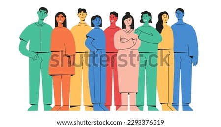 Abstract people community, coworkers or friends are standing, hugging together. Set of colored flat vector illustration isolated on white background. Royalty-Free Stock Photo #2293376519