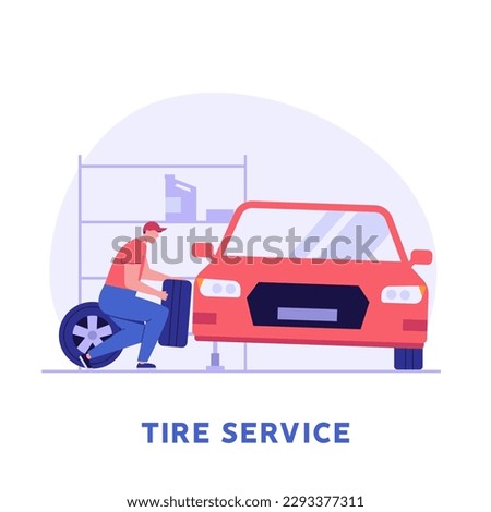 Tire service illustration. Professional mechanics change wheels and tires. Concept of tire fitting, car repair service, wheels replacement, tyre service. Vector flat cartoon design for web banners