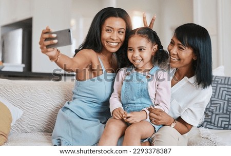 Peace sign selfie, grandmother and kid with mother in home living room, bonding or having fun. Family, smile and girl with grandma and mama, care or taking pictures on sofa with v hand emoji together