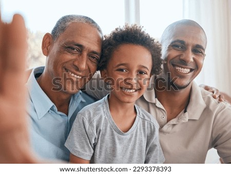 Selfie portrait, grandfather and kid with dad in home living room, bonding or having fun. Family, happiness and boy with grandpa and father, care and enjoying time together while taking pictures.