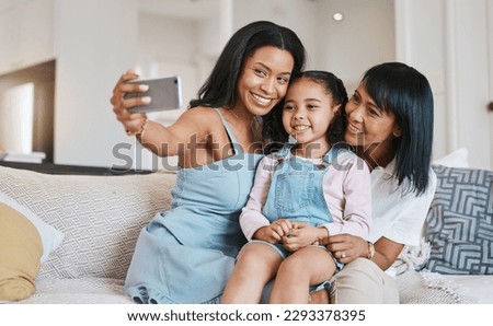 Selfie, grandmother and kid with mother in home living room, bonding or having fun. Family, happiness and girl with grandma and mama, care and enjoying time together while taking pictures on sofa.