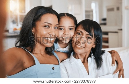 Grandmother, selfie and child with mother in home living room, bonding or having fun. Family, smile and portrait of girl with grandma and mom taking face pictures while enjoying quality time together