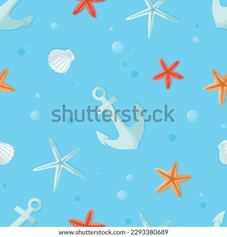 Colorful seamless aquatic pattern with hand drawn underwater elements such as starfish, seashells and anchor on blue background. Fashion print design, vector illustration