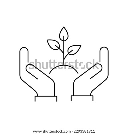 two hands holding black thin line plant with leafs. concept of linear small human palm with ground. lineart peace logotype graphic stroke art sign design web simplicity element isolated on white Royalty-Free Stock Photo #2293381911