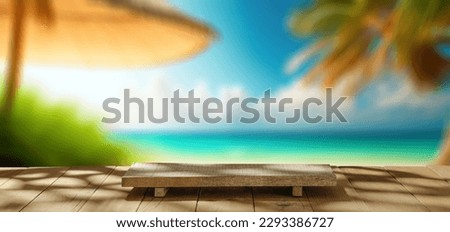 Wooden board with shadows and landscape of sea with beach. Free space for your decoration. 