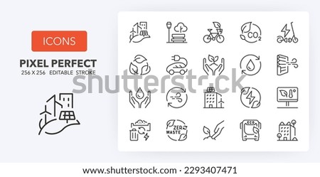 Set of thin line icons of green city. Sustainable development. Outline symbol collection. Editable vector stroke. 256x256 Pixel Perfect scalable to 128px, 64px... Royalty-Free Stock Photo #2293407471