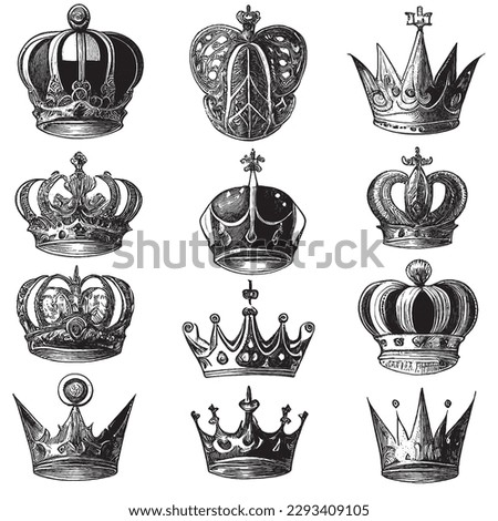 Hand Drawn Engraving Pen and Ink Crowns Collection Vintage Vector Illustration