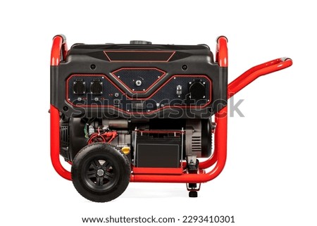 Red and black portable electric gas generator isolated on white for backup energy. High quality photo