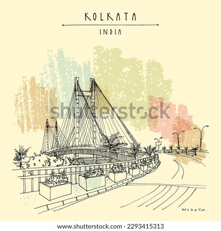 Vector Kolkata (Calcutta), India postcard. Vidyasagar Setu bridge artistic cityscape. West Bengal travel sketch. Hand drawn Calcutta touristic poster Royalty-Free Stock Photo #2293415313