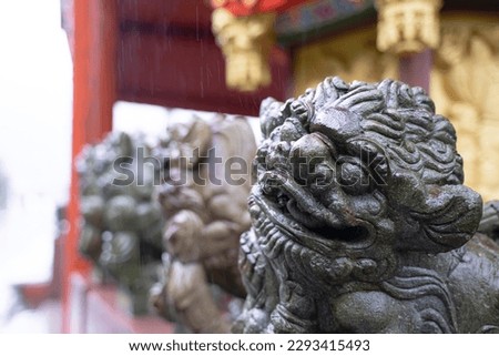 Chinese stone lion god statue on a rainy day.