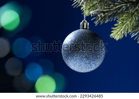 Blue shiny ball on a snow-covered branch of a Christmas tree on a blue background, space for text