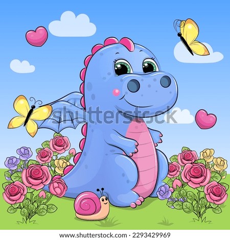 Cute cartoon blue dragon in a rose garden. Vector illustration of an animal in nature with flowers, snail, butterflies and hearts on a blue background with white clouds.