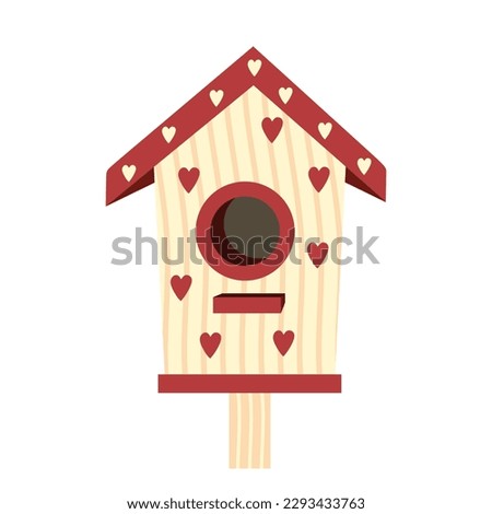 Wooden house of birds with hearts. Cute wooden birdhouse in flat illustration isolated on white background. Bird Day, Nature protection. Vector illustration
