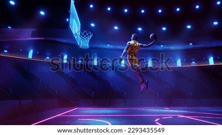 Scoring winning goal. Young man, professional basketball player in yellow uniform jumping, throwing ball into basket on 3D stadium with flashlights. Concept of sport, competition, action and motion Royalty-Free Stock Photo #2293435549