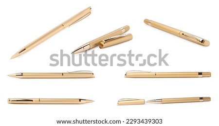 Collage with golden pens on white background Royalty-Free Stock Photo #2293439303