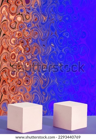 Two white cubic podiums on a blue background with a geometric orange pattern. Mockup for demonstrating products. Vertical photo.