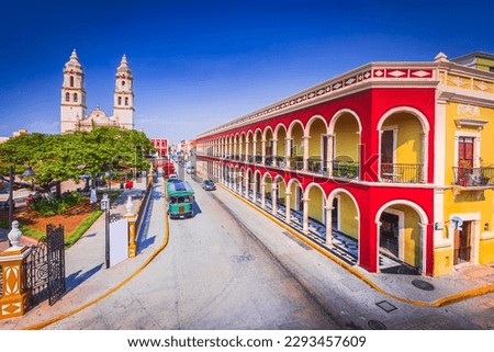 Campeche, Mexico. Picturesque public square, Independence Plaza, featuring colorful colonial buildings, Yucatan Peninsula travel scenic. Royalty-Free Stock Photo #2293457609