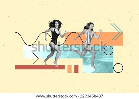 Magazine image collage template of beautiful girls friends fast running on sand coast summer rest concept