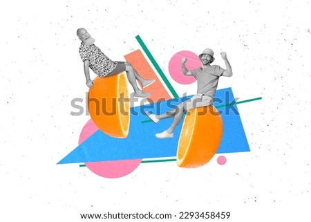 Magazine template picture collage of two people grandfather guy sitting on half mandarin chill on summer resort