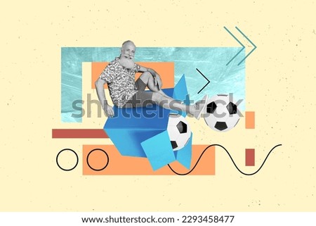 Magazine template image collage of happy grandfather relax on sand summer tour playing football with family