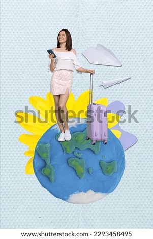 Collage of young tourism lover girl stay big plasticine globe hold baggage send paper letter her boyfriend isolated on blue background