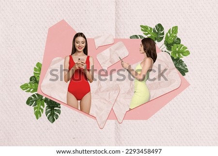 Photo of two positive girls wear bikini summertime season hold phone chatting together different warm countries isolated on pink background