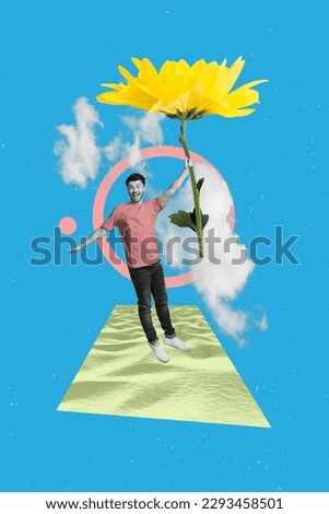 Poster banner image collage of funky young guy catch flying yellow daisy up in the sky surreal summer adventure concept