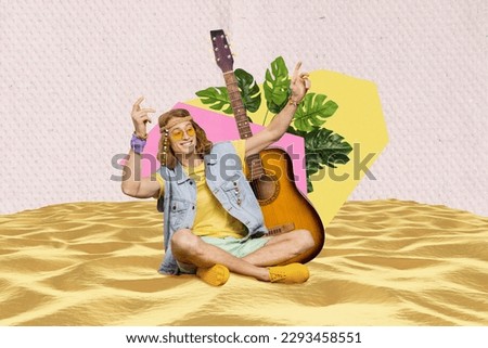 Collage of young careless hippie man excursion over sahara desert empty place for guitar play music relax time isolated on pink background
