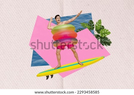 Composite collage of young guy surfing have fun first day resort chilling good mood no work just vacation isolated on pink background