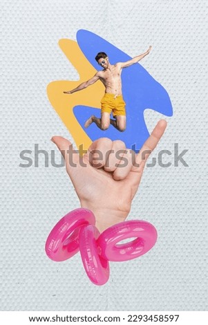 Vertical collage of young funky guy shaka sign inflatable rings summertime vacation pool party discotheque isolated on gray background