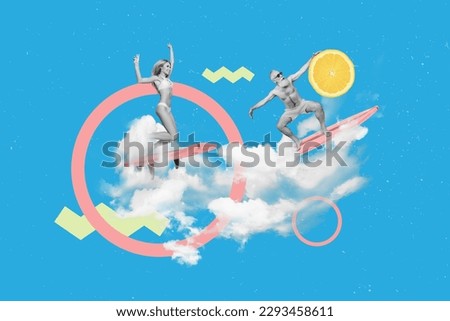 Image picture collage poster of active sport people enjoy extreme water activity ride surferboard on ocean sea