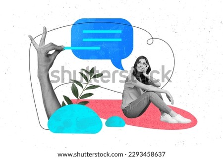 Advert drawing image collage of young lady looking at speech bubble summer resort travel ads