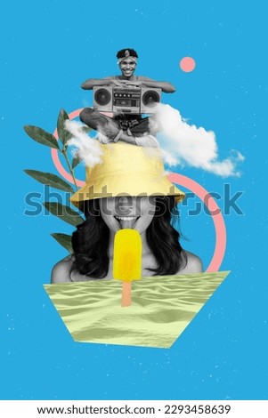 Poster banner collage of funky young lady lick ice cream stick on beach pool party with boom box Royalty-Free Stock Photo #2293458639