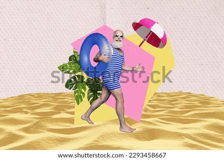 3d retro abstract creative artwork template collage of retired pensioner old male enjoy beach party retirement have fun traveler childish