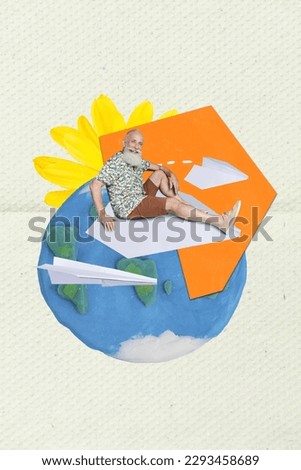 Creative trend collage of funny old retired man fly paper plane summer travel journey have fun surrealism template metaphor psychedelic