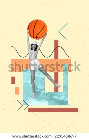 Vertical artwork photo collage young traveler lady play beach basketball game match catch throw ball colorful graphics drawing picture