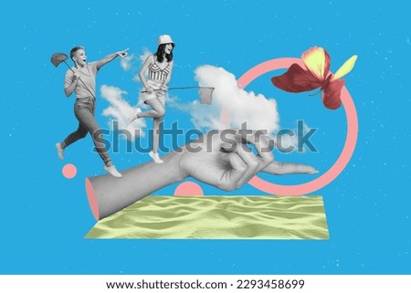 Photo collage two funky female girlfriends have fun catching butterflies together jumping green park field nature picture background