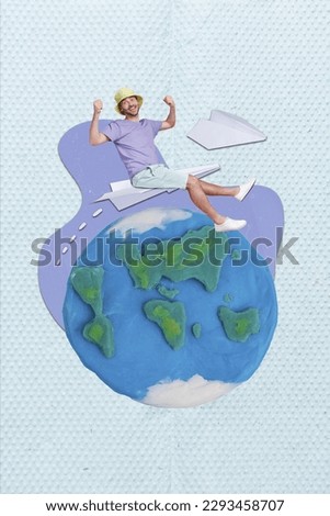 3d retro abstract creative artwork template collage of excited happy funky young man flying paper plane have fun travel fantasy billboard