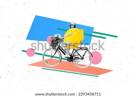 Funky summertime photo collage funny lady drive vintage bicycle have lemon fruit body ecology pollution summer colorful drawing