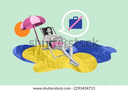 Photo collage relaxed male traveling ocean sea sun bathing warm hot sun rays ignore work vacation colorful picture background