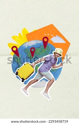 Vertical creative collage image of excited young guy running fast departure arrival surrealism template metaphor psychedelic