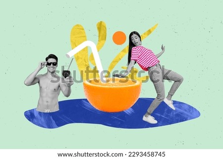 Photo collage relaxed male offer asian woman cheers share drink with him vacation all inclusive resort hotel picture background