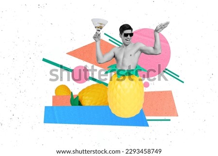 Summer theme photo collage relaxed male cheers ananas cocktail drink vacation all inclusive resort hotel picture background