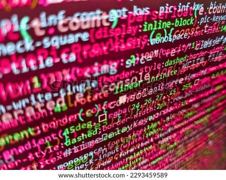 Script function on monitor display. Web development code background. PHP data source file. Binary digits code editing. Screen of colored lighted syntax of source code script with defocus