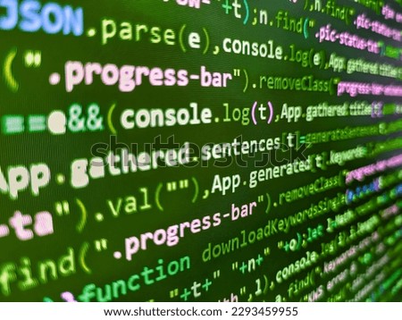 Closeup of Java Script, CSS and HTML. HTML website structure. Creative Js HTML. Websit. Php code on blue background in code editor. Modern web development background