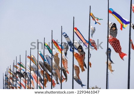 Carp streamers fluttering in the wind on the riverbed of the Onga River Royalty-Free Stock Photo #2293461047