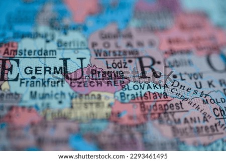 Prague, Czech Republic on political map of globe, travel concept, selective focus, background