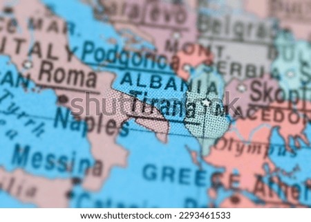 Tirana, Albania on political map of globe, travel concept, selective focus, background